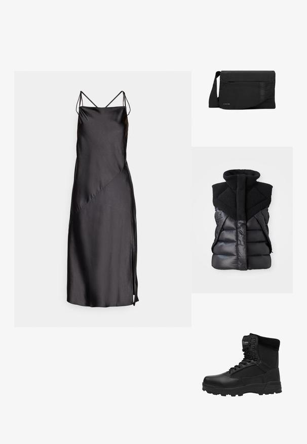Must have väike must ilma varrukateta puff vest kõrge fliiskrae ja esi tõmbeperdega, mis ühendab läikiva ja tekstuuriga kangaste paneelid.; Mustmust dress õhukeste reguleeritavate rihmadega, sileda tekstuuriga, diagonaalsed õmblused ja külgslits lisatud detailina.; Mustad mustat taktikalised saapad, millel on sile nahkviimistlus, võrgusilma paneelid, tugevdatud varvas ja karm tald. Omab paeltega sulgemist ja pehmendusega krae.; Must G-Star kaubamärgiga kullerikott reguleeritava õlarihma ja nurga all oleva esistasku detailiga.