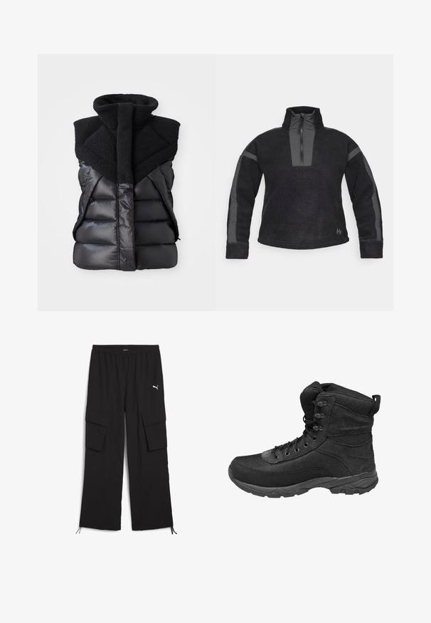 Must have väike must ilma varrukateta puff vest kõrge fliiskrae ja esi tõmbeperdega, mis ühendab läikiva ja tekstuuriga kangaste paneelid.; Mustmust mustrepp, millel on kõrge krae, veerandziip ja hallid aktsendid varrukatel. Pehme tekstuur ja mugav lõige.; Mustad mustad püksid laia jalaga, elastse vöökoha, kahe külje tasku ja nöörhooldusega. Omab väikest valget logo.; Mustad kõrged taktikalised saapad võrgust ja seemisnahast paneelidega, ees nööbitavad, pehmendatud kraega ja tugevate kummist taldadega.