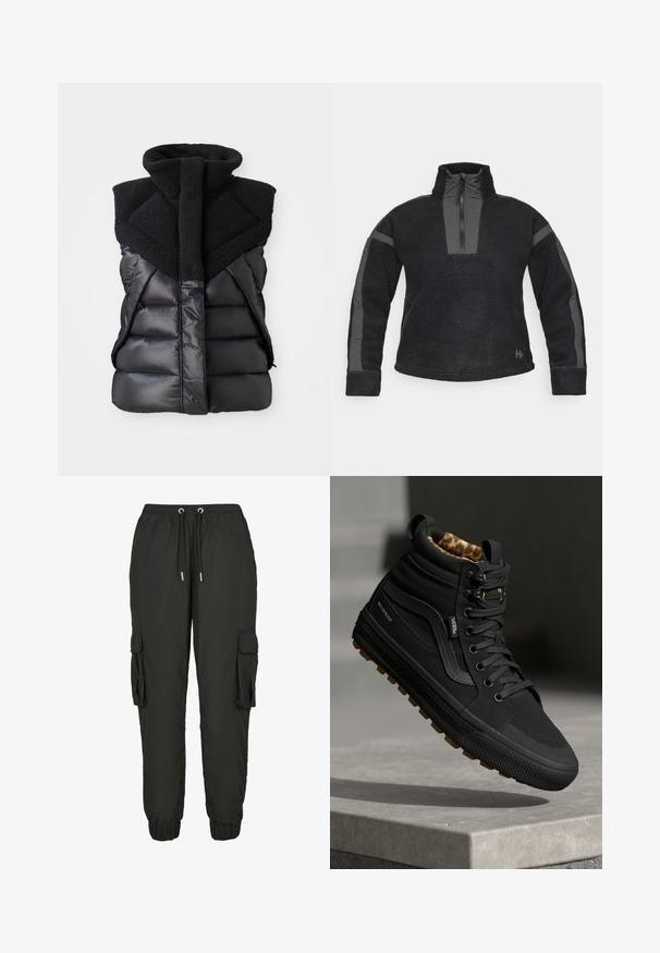 Must have väike must ilma varrukateta puff vest kõrge fliiskrae ja esi tõmbeperdega, mis ühendab läikiva ja tekstuuriga kangaste paneelid.; Mustmust mustrepp, millel on kõrge krae, veerandziip ja hallid aktsendid varrukatel. Pehme tekstuur ja mugav lõige.; Mustad mustad püksid kerge materjaliga, millel on elastne vöökoht, reguleeritav pael, küljetaskud ja ribakohad.; Musthave musta veekindel kõrge varsaga sneaker, millel on tekstuuriga kummist tald, sidumisese ees ja pruuni leopardimustriga vooder. Omab külgõmblusi.