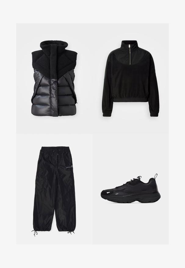 Must have väike must ilma varrukateta puff vest kõrge fliiskrae ja esi tõmbeperdega, mis ühendab läikiva ja tekstuuriga kangaste paneelid.; Mustriline musta pooltõmbe jope kõrge kraega, pikkade varrukatega, elastsete mansettidega ja küljetaskutega, esitatud ühetoonilise valge tausta ees.; Mustad mustad püksid, valmistatud läikivast nailonist, elastse talje, reguleeritava nööriga, küljetaskutega ja elastsete mansettidega.; Musta sportlik toss, millel on paks tald, tekstureeritud pealiskate, külgpaneelid, paelad ning keele ja kanna küljes tõmbamiseks mõeldud silmused.