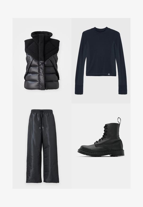 Chaleco sin mangas acolchado negro con alto cuello de forro polar y cierre frontal, que combina paneles de tela brillantes y texturizados.; Camiseta de manga larga azul marino con textura de canalé, con acentos de puntos a lo largo de las mangas y un cuello alto. Logo de la marca en la parte inferior izquierda.; Pantalones negros de pierna ancha, hechos de una tela brillante y suave. Cuentan con una cinturilla elástica con cordón y bolsillos laterales.; Botín de combate de cuero negro con punta redonda, parte delantera con cordones y una lengüeta en el tobillo. Presenta una suela de goma gruesa para mayor durabilidad.