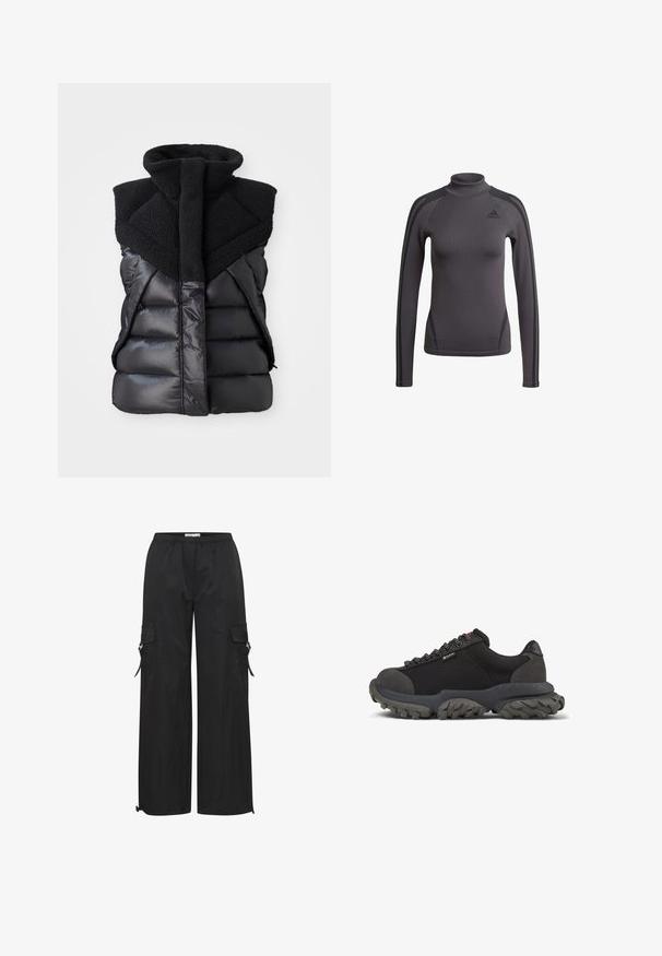 Schwarze ärmellose Steppweste mit hohem Fleece-Kragen und Frontreißverschluss, kombiniert glänzende und strukturierte Stoffpaneele.; Graues Langarmshirt mit hohem Kragen, strukturiertem Stoff und schwarzen Akzentstreifen auf den Schultern, mit einem Adidas-Logo auf der Brust.; Schwarze Cargo-Hosen aus leichtem Stoff, mit lockerer Passform, elastischem Bund, Seitentaschen und verstellbaren Bündchen.; Schwarze Wanderschuhe mit einer robusten, strukturierten Sohle, einem Obermaterial aus Mesh und roten Akzenten, entworfen für Langlebigkeit und Outdoor-Aktivitäten.