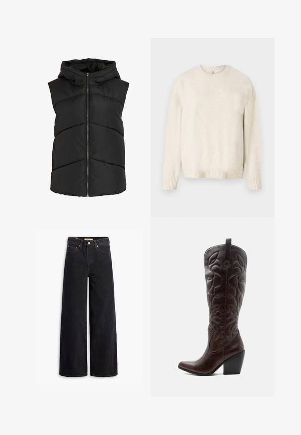 Sort, ærmeløs dunvest med hætte, der har zigzag-syninger og en lynlås foran. Blød, quiltet tekstur. Letvægtsdesign.; Lys beige sweater lavet af blødt stof, med rund halsudskæring, lange ærmer og ribbede manchetter og kant. Enkelt, klassisk design.; Sorte brede benjeans lavet af denim, med fem lommer, kobbernitter og en klassisk knaplukning. Glat tekstur med et rent design.; Høj mørkebrun læder cowboystøvle med syede dekorative mønstre, spids tå og stablet blokhæle.