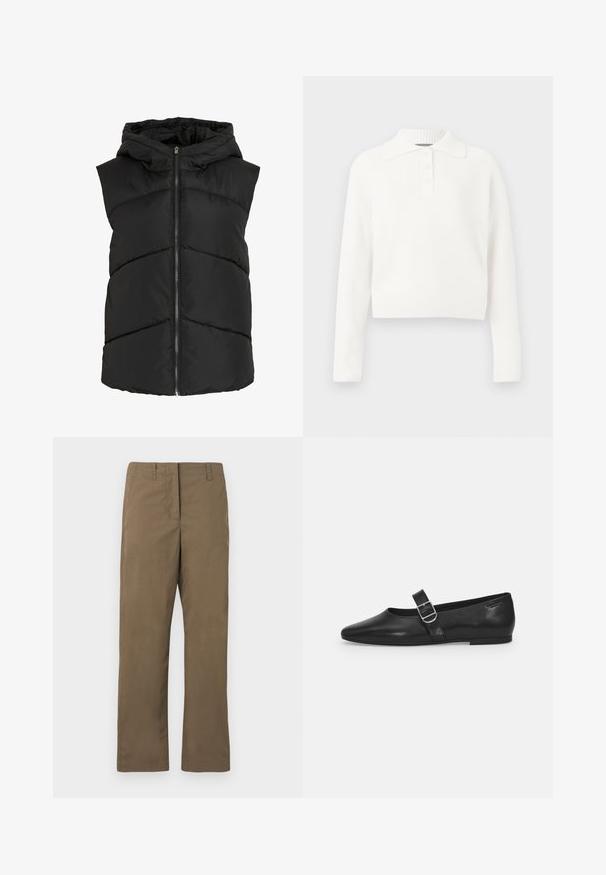 Sort, ærmeløs dunvest med hætte, der har zigzag-syninger og en lynlås foran. Blød, quiltet tekstur. Letvægtsdesign.; Hvid ribbede strikket langærmet polo-sweater med krave og treknap lukning, der har et cropped design og blød tekstur.; Brune lige ben bukser lavet af blandingsbomuldsstof. Har bæltesløjfer, en forlommeslids og en glat overflade uden mønstre.; Sorte læder flade sko med rund tå, et enkelt justerbart spænde og en glat, blank overflade. Minimalistisk design med en lav hæl.