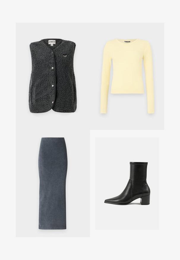 Gilet sans manches en polaire sherpa gris foncé avec des boutons-pression à l'avant, des poches latérales et un petit logo brodé sur la poitrine.; Chemise à manches longues jaune clair côtelée avec un col rond et un ourlet légèrement raccourci sur un fond uni.; Jupe crayon en denim bleu foncé. Présente une silhouette ajustée, un design droit et une texture lisse avec des détails côtelés subtils.; Bottine noire en cuir lisse, avec un bout pointu, un talon carré et des coutures surélevées distinctes au bord supérieur.
