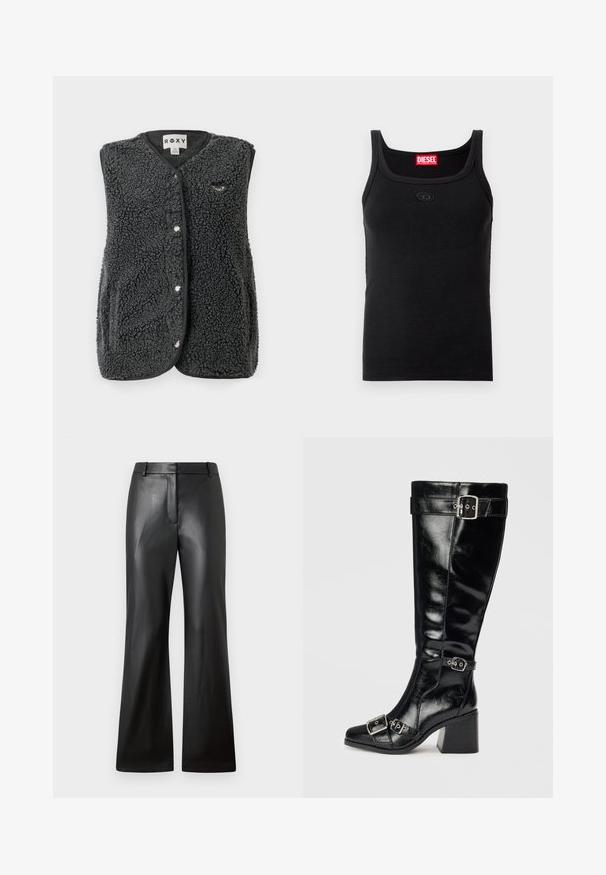 Gilet sans manches en polaire sherpa gris foncé avec des boutons-pression à l'avant, des poches latérales et un petit logo brodé sur la poitrine.; Débardeur noir en tissu côtelé. Il présente un col rond, des bretelles larges et un petit écusson logo sur le devant. Aucun motif visible.; Pantalons en cuir noir avec une texture lisse, design à jambes larges et une taille mi-haute dotée de passants de ceinture et de poches avant.; Botte en cuir noir, arrivant au genou, avec une finition brillante. Elle dispose de boucles et de sangles en argent, d'un bout pointu et d'un talon épais et texturé.
