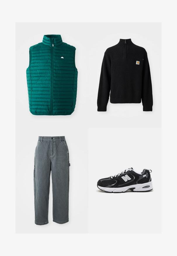 Teal puffer vest med høj krave, lynlåslukning foran og vandret quiltet design. Har et lille hvidt logo øverst til venstre.; Sort ribbet strikket sweater med høj hals, halv lynlås og en lille brystlomme med et logo. Langærmer og struktureret stof.; Mørkegrå lige ben arbejdsbukser med bæltestropper, frontknap og lynlås, sidelommer og en hammerløkke på højre ben.; Sorte og grå sportssko med mesh og ruskind på overdelen, der har en hvid mellemsål, snørebånd og et iøjnefaldende "N" logo på siden.