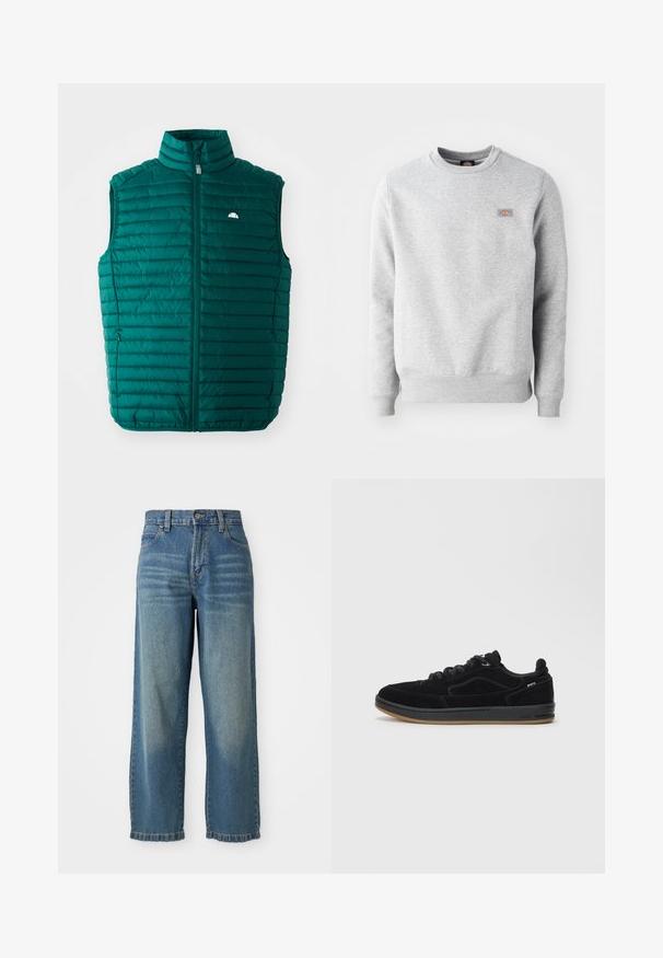 Teal puffer vest med høj krave, lynlåslukning foran og vandret quiltet design. Har et lille hvidt logo øverst til venstre.; Grå sweatshirt med rund hals, ribbede manchetter og kant, lavet af blødt bomuldsstof. Har et lille logo på venstre bryst.; Lyseblå denim bredbenede jeans med høj talje, fem lommer og en let falmet overflade. Har lynlås- og knaplukning.; Sorte ruskinds-sneakers med en glat gummisål, der har et lavt design, runde snørebånd og subtile syningsdetaljer.