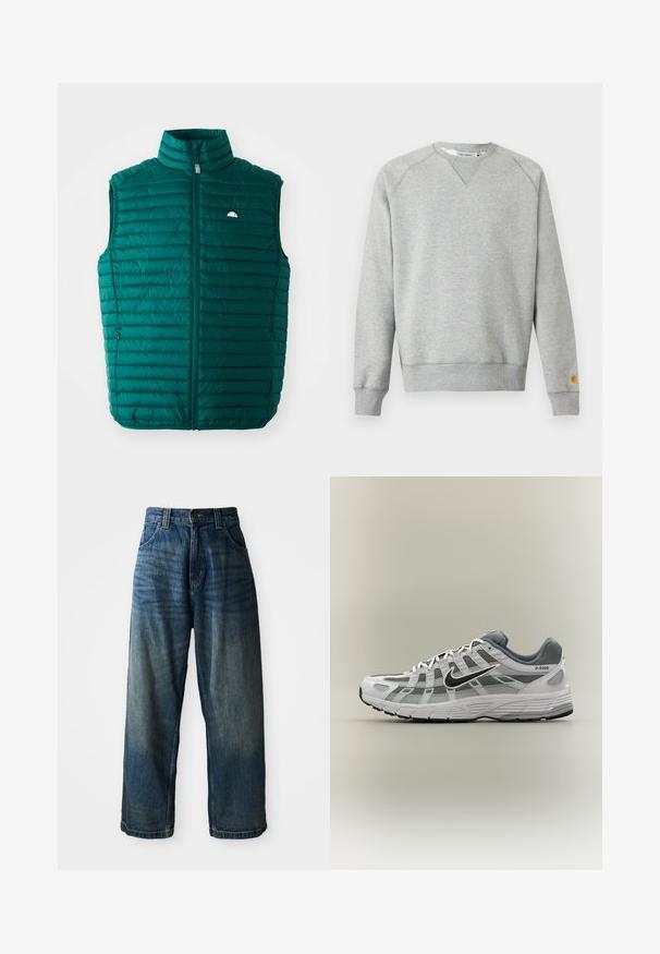 Teal värvi puff-jakk kõrge kraega, lukk ees ja horisontaalne tikand. Omab väikest valget logo vasakul ülal.; Helehall hall crewneck-tüüpne dressipluus pikkade varrukate ja soonikkoes mansettidega ning väike logoga tahvel vasaku varruka mansetil.; Laiad sinised denim teksad, millel on kulunud viimistlus. Omab viit taskut, nupuvajutust ja kontrastseid õmblusi. Tugev kangas.; Valge ja hall Nike P-6000 toss musta logoga, võrgust paneelide ja tekstuurse tallaga, esitatud külgvaates neutraalsel taustal.