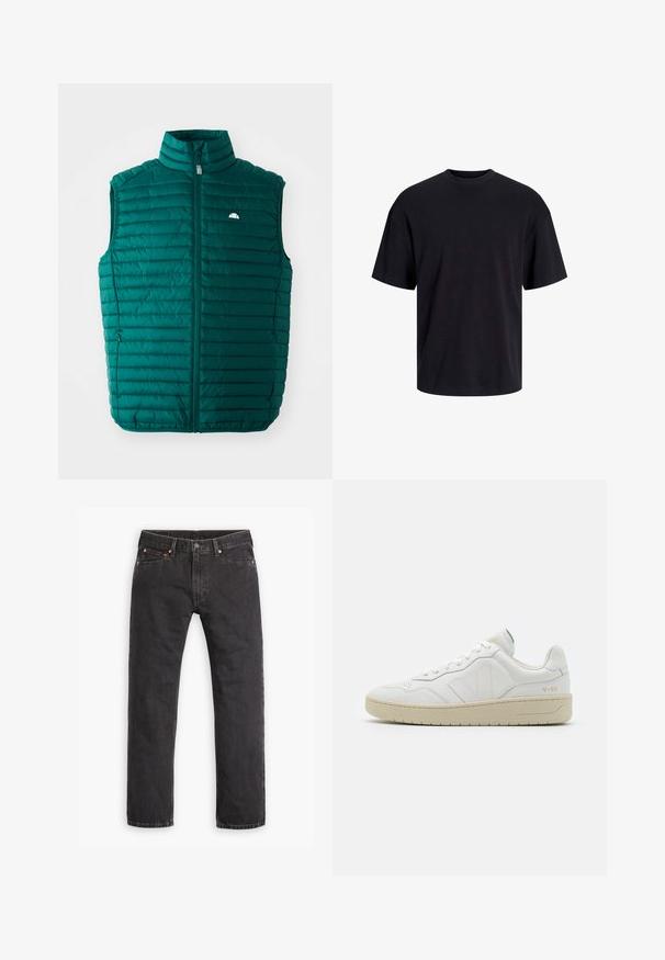 Chaleco acolchado en verde azulado con cuello alto, cierre frontal con cremallera y diseño de acolchado horizontal. Presenta un pequeño logo blanco en la parte superior izquierda.; Camiseta de algodón negra con cuello redondo, mangas cortas y un ajuste relajado. Textura suave y sin patrones ni acentos visibles.; Jeans de mezclilla negros de pierna recta con cinco bolsillos, cierre de botón y remaches de cobre, dispuestos en plano sobre un fondo blanco.; Zapatillas blancas de cuero con un acabado texturizado y cuello acolchado. Cuentan con una suela de goma beige y un sutil logotipo en el talón y el lado.