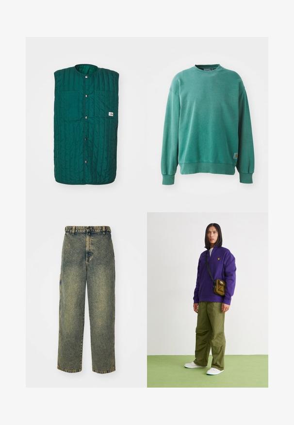 Grüne gesteppte Weste mit runder Halsöffnung, vorderen Druckknöpfen und zwei vertikalen Brusttaschen. Texturiertes Material mit genähten Linien und einem Logolabel.; Grüner Rundhalsausschnitt-Pullover aus Baumwollmischung. Verfügt über gerippte Bündchen und Saum, eine lockere Passform und ein kleines Logotag auf der unteren linken Seite.; Baggy-Jeans aus Denim in einer verblassten Blauen und Grünen Waschung. Mit Knopfverschluss, Gürtelschlaufen und Seitentaschen. Flaches Vorderteil und gerades Bein-Design.; Jordan AIR JORDAN 1 ZM CMFT 2 - Sneaker high - summit white/bicoastal/oxidized green