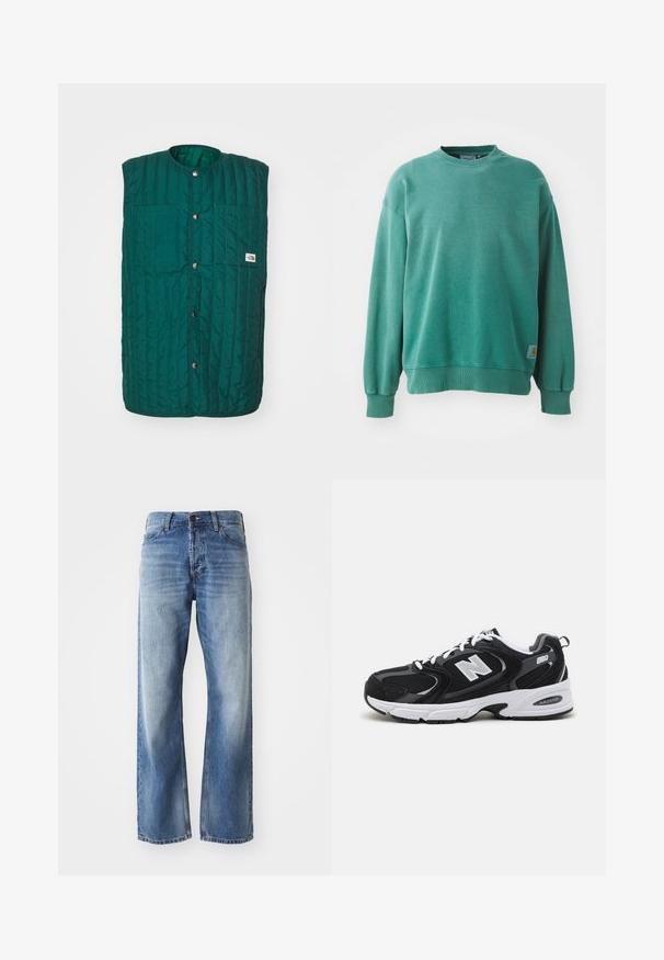 Chaleco acolchado verde con cuello redondo, botones a presión en la parte delantera y dos bolsillos verticales en el pecho. Tejido texturizado con líneas cosidas y una etiqueta de logo.; Sudadera verde de cuello redondo hecha de una mezcla de algodón. Cuenta con puños y dobladillo acanalados, un corte holgado y una pequeña etiqueta con el logo en el lado inferior izquierdo.; Jeans de mezclilla azul de corte recto con ligero desvanecimiento en los muslos y las rodillas, con cinco bolsillos y cierre de botón.; Zapatillas deportivas en negro y gris con parte superior de malla y ante, que cuentan con una entresuela blanca, cordones y un llamativo logo "N" en el lateral.