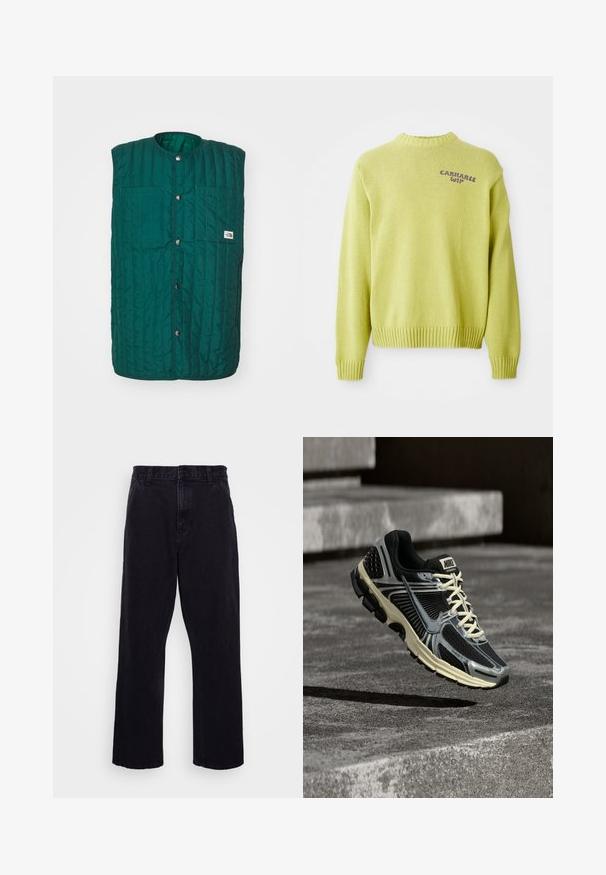 Grüne gesteppte Weste mit runder Halsöffnung, vorderen Druckknöpfen und zwei vertikalen Brusttaschen. Texturiertes Material mit genähten Linien und einem Logolabel.; Hellgrüner gestrickter Pullover mit ribbeligem Ausschnitt und Bündchen. Auf der Rückseite befindet sich ein lila "Carhartt WIP"-Logo, mit einem lockeren Schnitt.; Schwarze Jeanshose mit geradem Bein, ausgestattet mit einem Knopf- und Reißverschluss, Gürtelschlaufen und minimalen Nähdetails.; Schwarz-grauer Nike-Laufschuh mit cremefarbenen Schnürsenkeln, der über einer strukturierten Betonoberfläche schwebt.