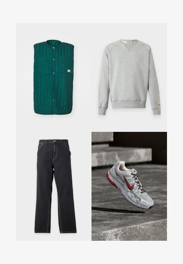 Chaleco acolchado verde con cuello redondo, botones a presión en la parte delantera y dos bolsillos verticales en el pecho. Tejido texturizado con líneas cosidas y una etiqueta de logo.; Sudadera gris claro con cuello redondo, mangas largas, puños y dobladillo acanalados, y pequeño parche con logo en el puño de la manga izquierda.; Vaqueros negros de pierna recta con bolsillos delanteros, trabillas para el cinturón y costuras blancas visibles sobre un fondo liso gris claro.; Zapatilla de correr Nike blanca y gris con detalles rojos y cordones negros, suspendida sobre escalones de hormigón gris.