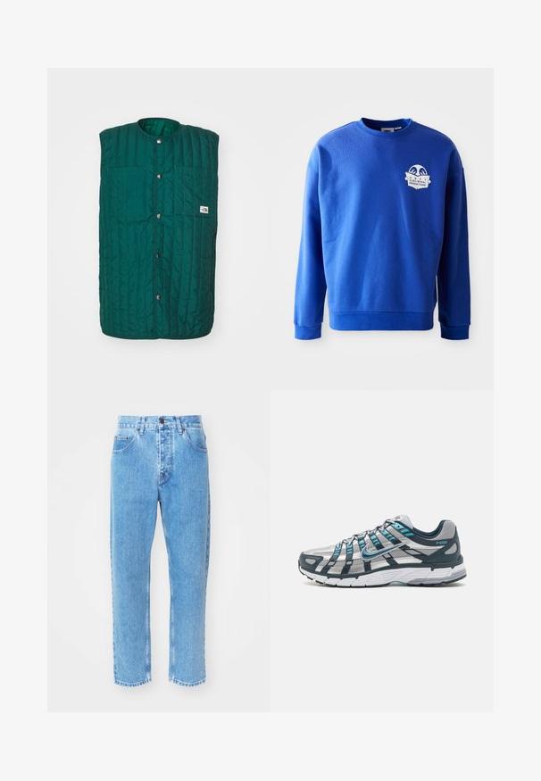 Grüne gesteppte Weste mit runder Halsöffnung, vorderen Druckknöpfen und zwei vertikalen Brusttaschen. Texturiertes Material mit genähten Linien und einem Logolabel.; Blaues Sweatshirt aus Baumwolle mit Rundhalsausschnitt und langen Ärmeln. Mit einem weißen Logo-Patch auf der Brust sowie gerippten Bündchen und Saum.; Hellblaue Denim-Jeans verfügen über ein gerades Bein-Design, fünf Taschen und einen klassischen Knopfverschluss am Bund.; Nike Sportswear P 6000 - Sneaker low - armory navy/metallic silver/flat silver/white/armory navy