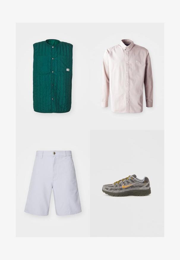 Chaleco acolchado verde con cuello redondo, botones a presión en la parte delantera y dos bolsillos verticales en el pecho. Tejido texturizado con líneas cosidas y una etiqueta de logo.; Camisa de manga larga rosa claro, de botón, hecha de algodón, con un collar clásico, botones frontales y un pequeño logo en el lado izquierdo del pecho.; Pantalones cortos de algodón azul claro con cierre de botón, corte recto, bolsillos frontales y una textura suave. Sin patrones ni acentos visibles.; Zapatilla de ante gris con acentos dorados, paneles texturizados y cordones a juego. Cuenta con una suela acolchada y un detalle de logotipo en el lateral.