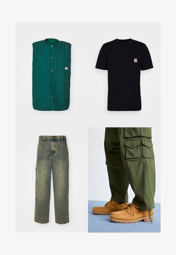 Chaleco acolchado verde con cuello redondo, botones a presión en la parte delantera y dos bolsillos verticales en el pecho. Tejido texturizado con líneas cosidas y una etiqueta de logo.; Camiseta de algodón negra con mangas cortas, cuello redondo y un bolsillo en el pecho que presenta un pequeño parche de logo cuadrado. Diseño simple y sólido.; Jeans de denim holgados en un lavado azul y verde descolorido. Presenta un cierre de botón, pasadores para el cinturón y bolsillos laterales. Diseño de frente plano y pierna recta.; Timberland AUTHENTIC 3 EYE - Náuticos - wheat