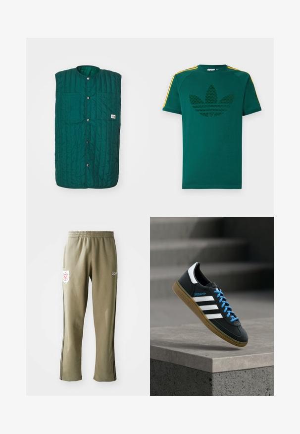 Grüne gesteppte Weste mit runder Halsöffnung, vorderen Druckknöpfen und zwei vertikalen Brusttaschen. Texturiertes Material mit genähten Linien und einem Logolabel.; Grünes T-Shirt mit kurzen Ärmeln, dunkelgrünem Adidas-Trefoil-Logo und gelben Streifen auf den Schultern vor weißem Hintergrund.; Olivgrüne Jogginghosen mit einem elastischen Bund, Seitentaschen, schwarzen seitlichen Streifen und einem Logo-Patch am Oberschenkel.; Schwarzer Adidas-Sneaker mit weißen Streifen, blauen Schnürsenkeln und Gummisohle, der über einer grauen Betontreppe im weichen Licht schwebt.