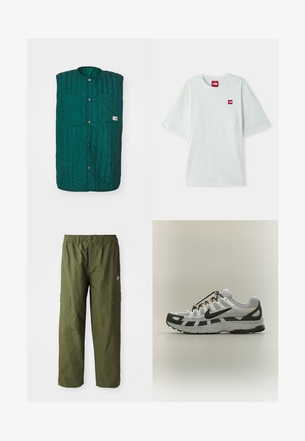 Grüne gesteppte Weste mit runder Halsöffnung, vorderen Druckknöpfen und zwei vertikalen Brusttaschen. Texturiertes Material mit genähten Linien und einem Logolabel.; Hellgrünes Kurzarm-T-Shirt aus weicher Baumwolle, mit einem kleinen roten Logostein auf der linken Brustseite. Entspannte Passform und runder Halsausschnitt.; Nike Cargo-Hosen in dunkelolivgrün, ausgestattet mit einem elastischen Bündchen, zwei Seitentaschen und einem glatten, leichten Stoff.; Weißer und grauer Sportschuh mit schwarzem Nike-Swoosh, schwarzen Schnürsenkeln und orangefarbenen Akzenten vor neutralem Hintergrund.