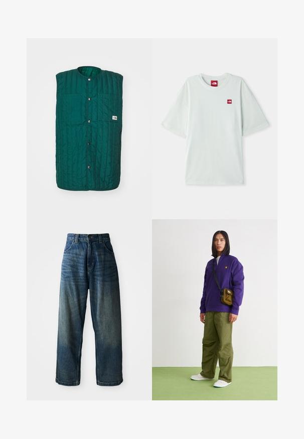 Chaleco acolchado verde con cuello redondo, botones a presión en la parte delantera y dos bolsillos verticales en el pecho. Tejido texturizado con líneas cosidas y una etiqueta de logo.; Camiseta de manga corta verde claro hecha de algodón suave, con una pequeña etiqueta de logo rojo en el área del pecho izquierdo. Corte relajado y escote redondo.; Jeans de mezclilla azul de pierna ancha con un acabado desgastado. Presenta cinco bolsillos, un cierre de botón y costuras en contraste. Tejido pesado.; Jordan AIR JORDAN 1 ZM CMFT 2 - Zapatillas altas - summit white/bicoastal/oxidized green
