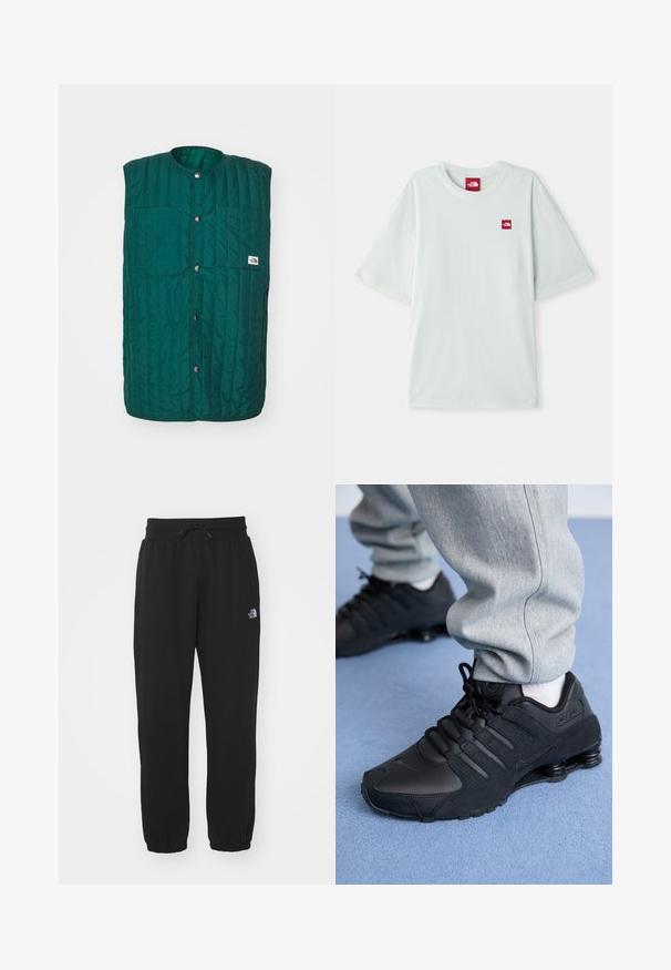 Chaleco acolchado verde con cuello redondo, botones a presión en la parte delantera y dos bolsillos verticales en el pecho. Tejido texturizado con líneas cosidas y una etiqueta de logo.; Camiseta de manga corta verde claro hecha de algodón suave, con una pequeña etiqueta de logo rojo en el área del pecho izquierdo. Corte relajado y escote redondo.; Pantalones de chándal negros de tela suave, con cinturilla elástica y cordón, tobillos ajustados y un pequeño logo en el muslo superior.; Persona vestida con zapatillas Nike Shox negras y pantalones de chándal grises, de pie sobre una alfombra azul claro.
