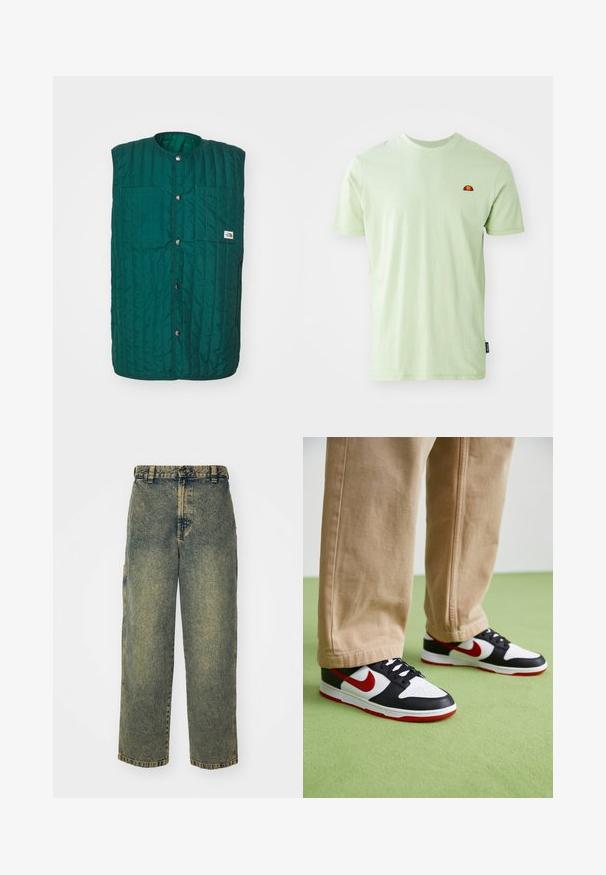 Chaleco acolchado verde con cuello redondo, botones a presión en la parte delantera y dos bolsillos verticales en el pecho. Tejido texturizado con líneas cosidas y una etiqueta de logo.; Camiseta de algodón verde claro con cuello redondo, mangas cortas y un pequeño logotipo bordado en rojo y amarillo en el pecho.; Jeans de denim holgados en un lavado azul y verde descolorido. Presenta un cierre de botón, pasadores para el cinturón y bolsillos laterales. Diseño de frente plano y pierna recta.; Las zapatillas Nike Dunk presentan un diseño de cuero negro con acentos rojos y un swoosh blanco. La suela es roja, con una puntera blanca texturizada.
