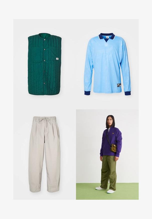 Grüne gesteppte Weste mit runder Halsöffnung, vorderen Druckknöpfen und zwei vertikalen Brusttaschen. Texturiertes Material mit genähten Linien und einem Logolabel.; Hellblauses Langarm-Polohemd mit marineblauem Kragen und Bündchen, das ein dezentes Allover-Muster und Nike-Logoprint am unteren Saum aufweist.; Beige, leichte Hose mit elastischem Bund und Zugband. Sie verfügt über Falten und eine lockere Passform, gefertigt aus weichem, glattem Stoff.; Jordan AIR JORDAN 1 ZM CMFT 2 - Sneaker high - summit white/bicoastal/oxidized green