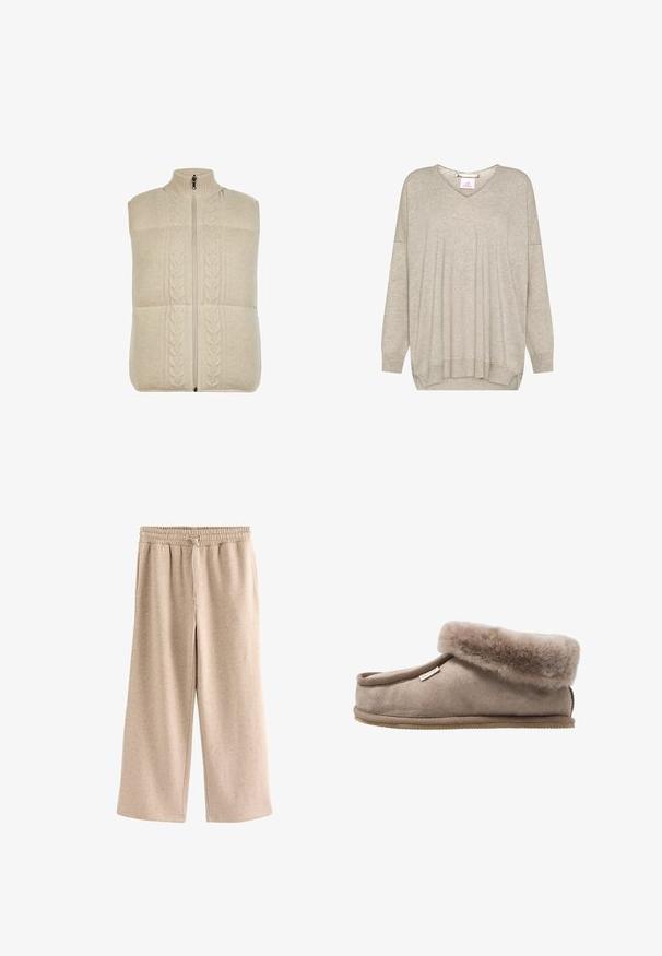 Crème-kleurige gebreide vest met hoge kraag, ritssluiting en kabelbreipatroon aan de voorkant, met een textuurrijke, zachte stof.; Lichtbeige lange mouw gebreide trui met V-hals en geribde boorden en zoom, met een licht losse pasvorm en aflopende schoudernaden.; Beige broek met wijde pijpen, een elastische tailleband en een koordje, gemaakt van een zachte, gevlekte stof.; Bruine suède slipper met een zachte, donzige rand, afgeronde neus en een gestructureerde zool. Het ontwerp heeft een gestikte rand en een klein label.