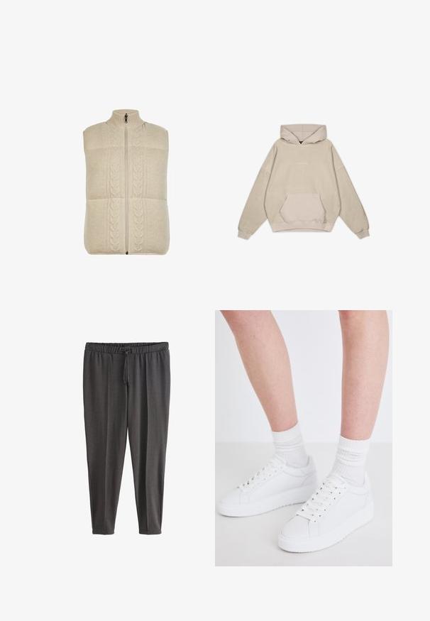 Cremefarvet strikket vest med høj krave, lynlås-lukning og flettet mønster foran, der har et tekstureret, blødt stof.; Beige hætte sweatshirt med en afslappet pasform, kængurulomme, manchetter og en glat tekstur. Har diskrete logo-detaljer på forsiden.; Mørkegrå afslappede bukser med elastisk talje og snøre, tilspidsede ben, lavet af blødt stof.; Copenhagen Studios CPH72 - Sneakers - white