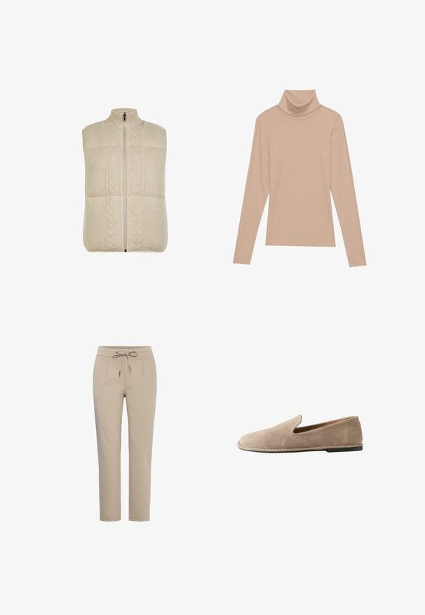 Cremefarvet strikket vest med høj krave, lynlås-lukning og flettet mønster foran, der har et tekstureret, blødt stof.; Beige langærmet ribbet turtleneck-top med høj krave, præsenteret fladt på en lys baggrund.; Beige joggingbukser lavet af blødt stof, med en elastisk talje med snoretræk, to forlommer og en tapered design.; Beige ruskind slip-on loafers med rund tå, lav flad hæl, syet sål og elastisk sideindsats for nem påtagning.
