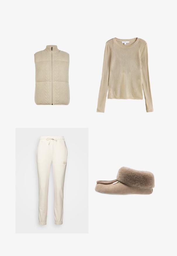 Cremefarvet strikket vest med høj krave, lynlås-lukning og flettet mønster foran, der har et tekstureret, blødt stof.; Beige ribstrikket langærmet sweater med rund halsudskæring og slim fit, vist fladt med synligt mærke ved kraven.; Cremefarvede sweats fra blødt stof med elastisk talje og snoretræk samt ribbede manchetter ved anklerne.; Brune ruskinds slippers med en fyldig pelskant, rund form, blød tekstur og flad sål. Har et lille brandmærke på siden.