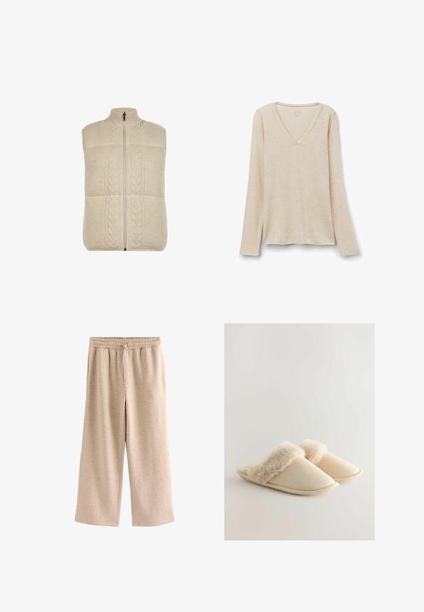 Crème-kleurige gebreide vest met hoge kraag, ritssluiting en kabelbreipatroon aan de voorkant, met een textuurrijke, zachte stof.; Langarm V-hals top in lichtbeige stof met een zachte textuur. Relaxte pasvorm met een rechte zoom en een minimalistisch ontwerp.; Beige broek met wijde pijpen, een elastische tailleband en een koordje, gemaakt van een zachte, gevlekte stof.; Beige slippers met een zachte bontachtige bovenrand, een afgeronde teenvorm en een gestructureerde stof. De zool is plat en flexibel.