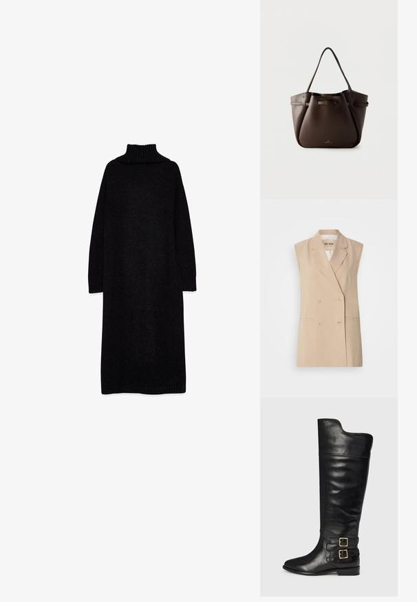 Beige ilma varrukat bleiser, topelt rinnaga disain, krae ning kaks eesmist Taskut ja nööbid. Valmistatud siledast kangast.; Pikk must turtleneck-sviiterikleit, mis on valmistatud pehmest kootud kangast, painduva äärise ja kaeluse ning vaba, üleliigse lõikega.; Mustad mustad kreenikõrgused kingad, kus on sile pind, terav varvas ja kaks buketti ääres. Lilledega tasapinnaline konts.; Tumepruun nahast käekott kahe õlarihmaga, ees tõmbluku detail ja „Anna Field“ logo alumises keskkohas.