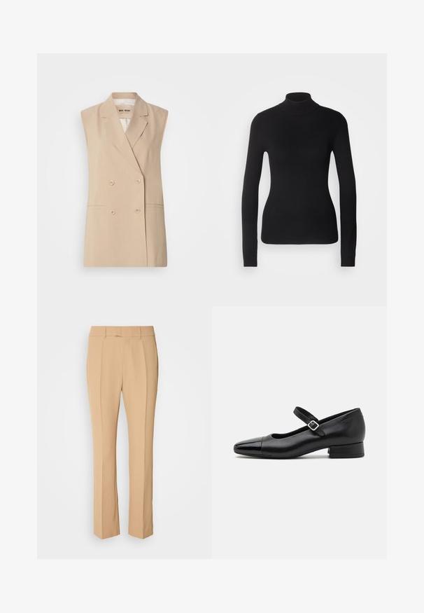 Blazer sin mangas beige con un diseño cruzado, solapas con muescas, dos bolsillos delanteros y detalles de botones. Confeccionado en un tejido suave.; Suéter negro de cuello alto hecho de un tejido de punto ligero. Presenta mangas largas, un diseño ajustado y una suave textura acanalada.; Pantalones tailored beige con pierna recta, que cuentan con dos pliegues frontales, un diseño de frente plano y una tela suave y ligera.; Zapatos Mary Jane de cuero negro con puntera de charol, correa de tobillo ajustable y tacón bajo. Textura suave y diseño elegante.