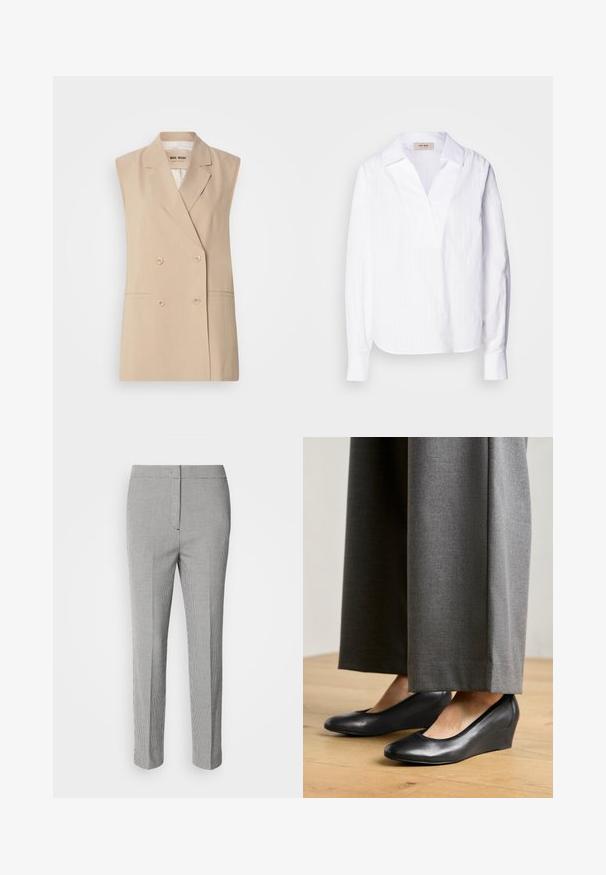 Blazer sin mangas beige con un diseño cruzado, solapas con muescas, dos bolsillos delanteros y detalles de botones. Confeccionado en un tejido suave.; Camisa blanca de manga larga hecha de una tela ligera texturizada, con escote en V, cuello oversized y sutiles rayas verticales.; Pantalones de cuadros en tonos gris y negro con un diseño de pierna recta, que presentan una textura suave y una cintura estándar sin herrajes visibles.; Zapatos de cuña de cuero negro con punta redonda y textura suave, combinados con pantalones anchos grises, sobre un suelo de madera.