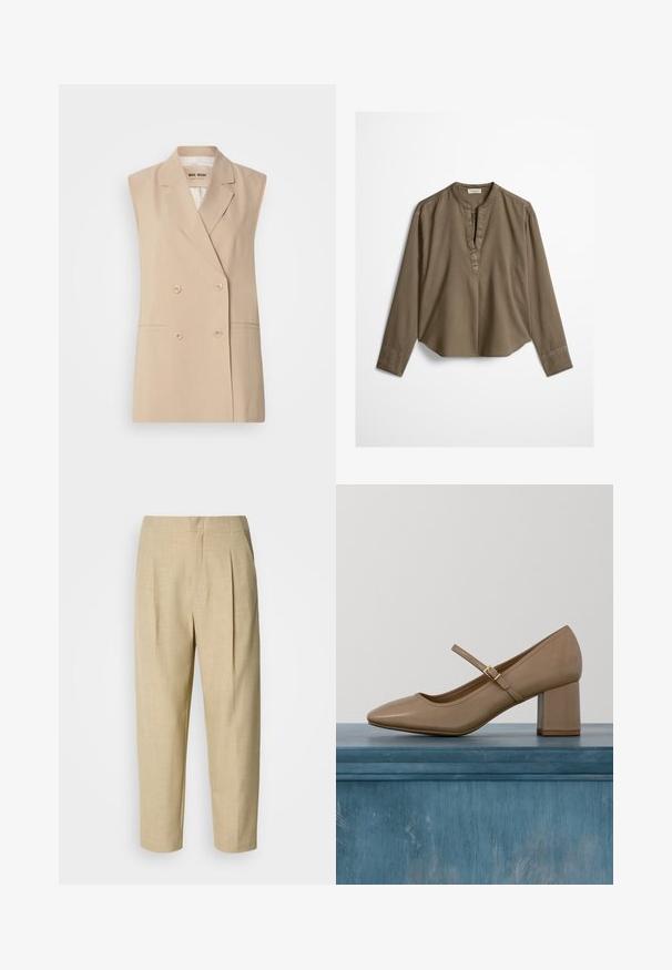 Blazer sin mangas beige con un diseño cruzado, solapas con muescas, dos bolsillos delanteros y detalles de botones. Confeccionado en un tejido suave.; Blusa casual marrón de manga larga con cuello mandarín, pliegue delantero y dobladillo ligeramente curvado, extendida sobre un fondo blanco.; Pantalones de lino beige con un corte relajado, que presentan pliegues en la parte delantera, una cinturilla y piernas ajustadas que terminan justo por encima del tobillo.; Zapato de salón de cuero beige con tacón ancho, punta redonda y una correa decorativa con una hebilla dorada. Textura suave, diseño minimalista.