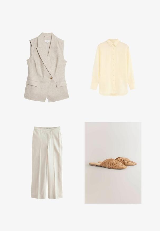 Beige linned sommerblazer uden ærmer med revers, enkelt knappelukning, to frontlommer og en struktureret stofoverflade.; Langærmet, cremefarvet, knap-op skjorte med spids krave og afrundet kant, vist fladt på hvid baggrund.; Next ASYMETRIC WAITBAND TAILORED WIDE LEG - Bukser - neutral; Vævede læder slidesandaler i lysebrun, med et oversized vævet overdelsdesign og en flad sål. Spidse tæer giver et elegant udseende.