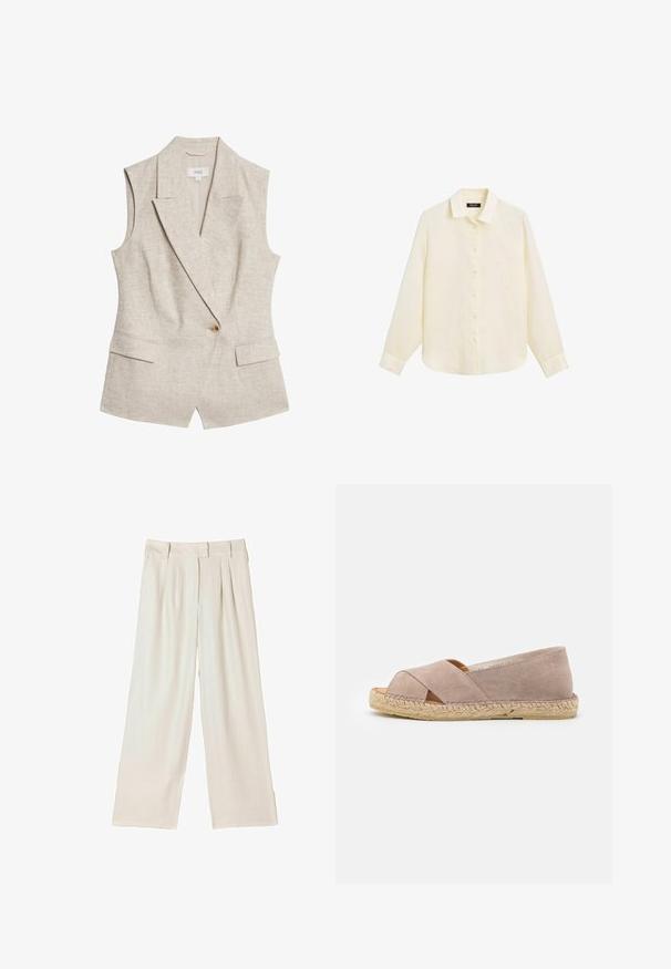 Beige linned sommerblazer uden ærmer med revers, enkelt knappelukning, to frontlommer og en struktureret stofoverflade.; Langærmet cremefarvet skjorte med knapper, krave og manchetter, vist på en hvid baggrund, label synlig indeni kraven.; Bukser med vide ben i lysebeige stof, med dobbelte læg foran og en lige pasform, med en glat tekstur og uden synlige metaldele.; Beige suedete espadrille med krydsremme og åbent tådesign. Jutebetrukket sål, flad hæl og glat tekstur.