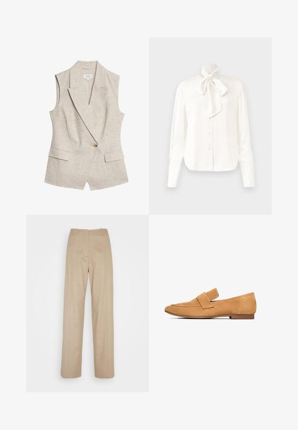 Beige linned sommerblazer uden ærmer med revers, enkelt knappelukning, to frontlommer og en struktureret stofoverflade.; Hvid langærmet bluse i et let materiale med høj krave og stort Sløjfedetalje ved halsen, der har en knappet front.; Calvin Klein TAILORED STRAIGHT PANT - Bukser - cinder; Lette mokkasiner i tan farve med flad hæl, rund tå og en syet strop over vristen for et raffineret udtryk.