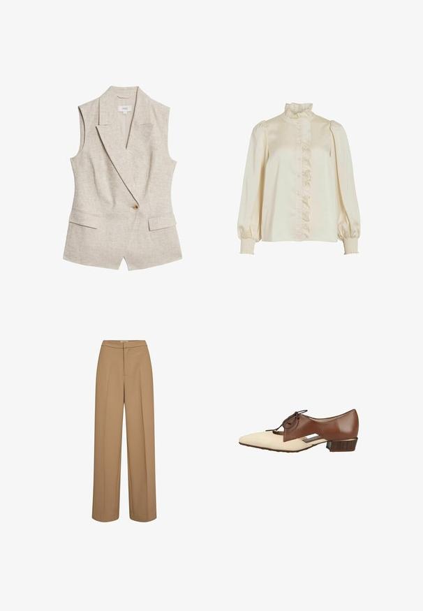 Beige linned sommerblazer uden ærmer med revers, enkelt knappelukning, to frontlommer og en struktureret stofoverflade.; Cremefarvet bluse med volang foran, høj krave og puffede ærmer. Lavet af glat stof, har knaplukninger og smockede mansjetter.; Vide benbukser i en tan-farvet stof, med flad front uden synlige lommer, skræddersyet design og en glat tekstur.; Hispanitas Snøresko - dunkelbraun c