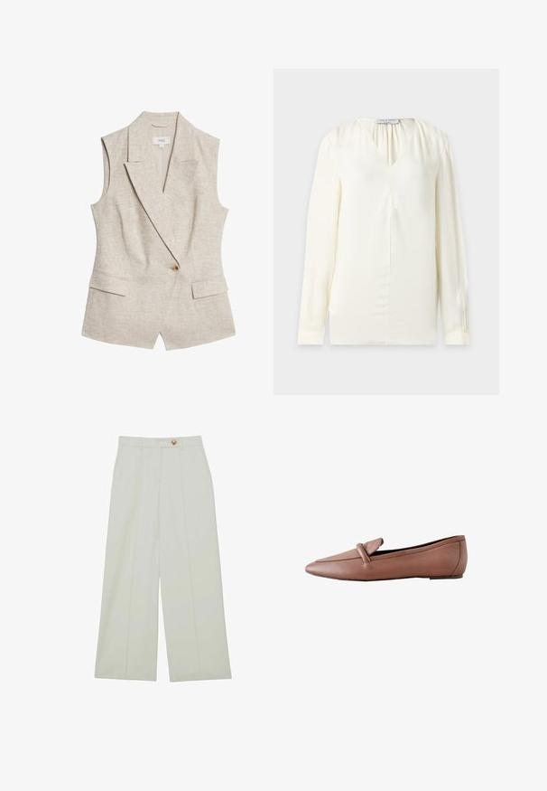 Beige linned sommerblazer uden ærmer med revers, enkelt knappelukning, to frontlommer og en struktureret stofoverflade.; Langærmet, cremefarvet bluse med V-hals og subtile plisseringer nær halsudskæringen, vist på en ensfarvet baggrund.; Bukser med vide ben lavet af let stof i en off-white farve, med forreste læg og en enkelt knaplukning.; Brun læder flad loafer med afrundet firkantet tå og en løkke detalje henover overdelen, vist fra ydersiden.