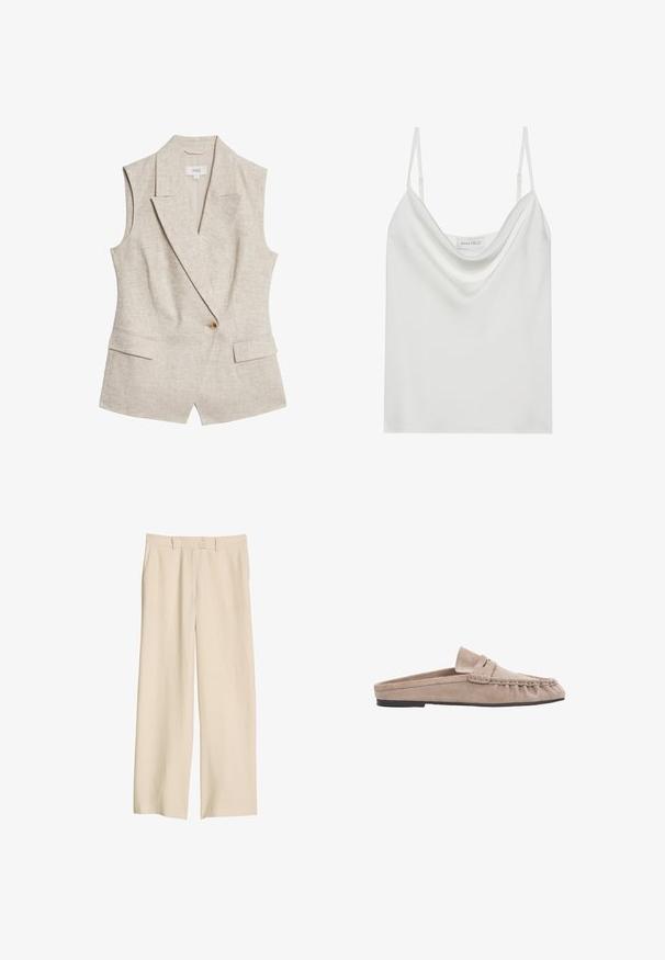 Blazer sans manches en lin beige avec un revers cranté, fermeture à un bouton, deux poches avant et une finition en tissu texturé.; Camisole en satin blanc avec un décolleté drapé, des fines bretelles réglables et une base droite. L'étiquette "ANNA FIELD" est visible à l'intérieur.; Pantalon beige à jambe large et taille haute avec passants pour ceinture, poches avant et fermeture éclair devant, présenté sur un fond blanc.; Mocassin beige en daim sans talon avec couture mocassin et semelle noire basse, conçu pour être enfilé facilement.