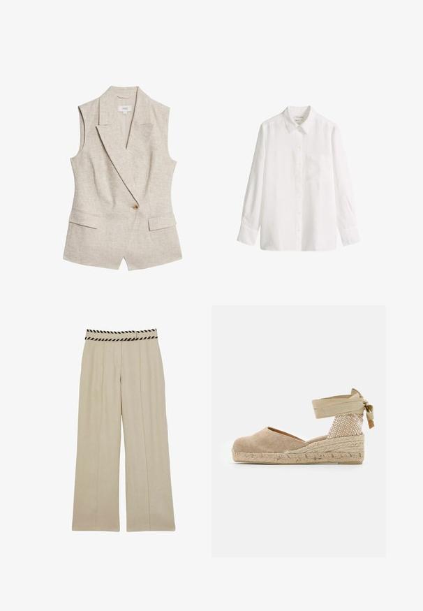 Beige linned sommerblazer uden ærmer med revers, enkelt knappelukning, to frontlommer og en struktureret stofoverflade.; Hvid langærmet skjorte med knapper, krave og brystlomme, lavet af ren hør, vist mod en hvid baggrund.; Beige vide benbukser med lodrette plisseringer og en talje med sorte striber. Lavet af letvægtsstof, velegnet til både hverdag og formelle anledninger.; Beige espadrille med en overdækning af lærred, tekstureret vævet hæl og flettet jutesål; har en bundet ankelrem for en sikker pasform.