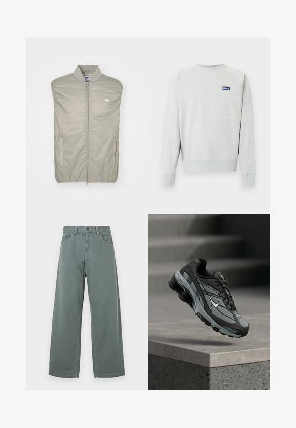 Lys grå ærmeløs jakke lavet af glat, polstret materiale med høj krave, frontlynlås og logo på brystet. Har sidelommer.; Lysegrå crewneck-sweatshirt med lange ærmer og et lille rektangulært blåt logo-patch på brystet.; Breddebenede bukser i afdæmpet grøn bomuld, med en klassisk talje, bæltesløjfer, forlommer og kontrasterende sømdetaljer.; Grå og sort atletiksko med meshpaneler og tyk sål, placeret i luften over en betonliste med trapper i baggrunden.