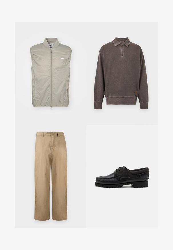 Helehall hallituseta varrukateta jope, mis on valmistatud siledast, polsterdatud materjalist, millel on kõrge krae, esineed ja logo rinna peal. Omab küljetaskuid.; Tumehall pikkade varrukatega pullover, millel on kvartstõmblukk ja krae, soonikkoes varrukasääred ja alumine serv ning väike logomärk alumise serva lähedal.; Beežid sirged püksid vööaasadek, nööp- ja tõmblukuga, esitletud lihtsal heledal taustal.; Must musta, millel on nahast pealmine osa, tekstiiltoonid, ümmargused paelad ja tekstureeritud kummist tallad. Omab mokassiini õmblust ja brändi detaili.