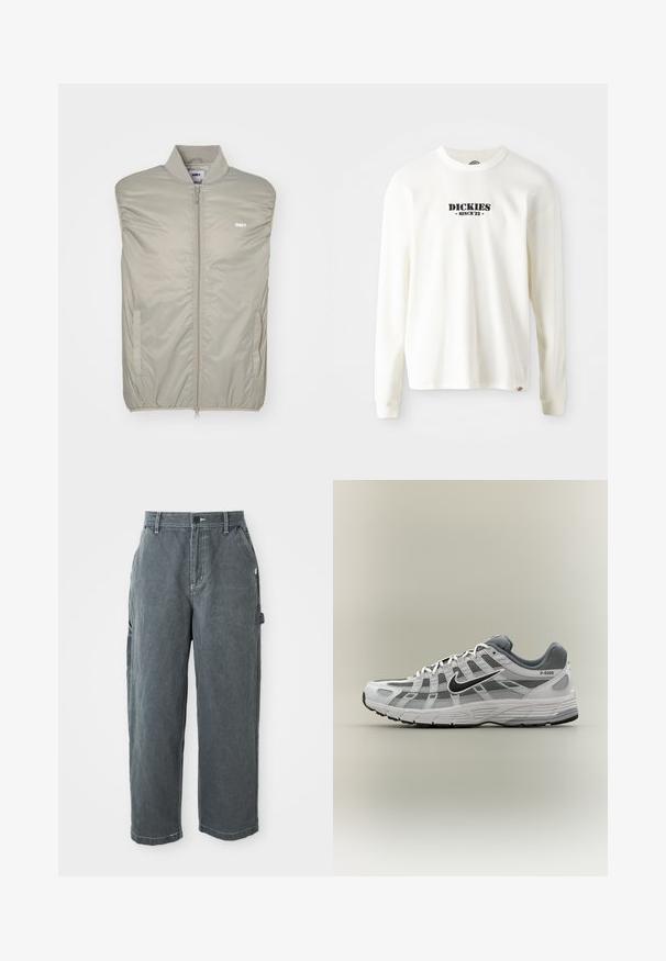 Lys grå ærmeløs jakke lavet af glat, polstret materiale med høj krave, frontlynlås og logo på brystet. Har sidelommer.; Hvid langærmet ribbet sweatshirt med et sort logo "DICKIES" med "SINCE '22" nedenunder, rund hals og manchetter.; Mørkegrå lige ben arbejdsbukser med bæltestropper, frontknap og lynlås, sidelommer og en hammerløkke på højre ben.; Hvid og grå Nike P-6000 sneaker med sort swoosh, meshpaneler og tekstureret sål, vist i sideprofil på neutral baggrund.
