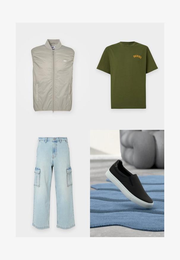 Helle graue ärmellose Jacke aus glattem, gepolstertem Material mit einem hohen Kragen, Frontreißverschluss und Logo auf der Brust. Verfügt über seitliche Taschen.; Olivgrünes Baumwoll-T-Shirt mit rundem Ausschnitt und kurzen Ärmeln, mit gelber "DICKIES" Logo-Stickerei auf der oberen linken Brust.; Helle blaue Denim-Cargohosen mit weitem Bein, zwei seitlichen Taschen, Knopfverschluss und einer leicht ausgebleichten Textur.; Schwarze Slipper mit strukturierter Oberfläche, kontrastierender weißer Sohle, präsentiert über einem blauen Teppich. Minimalistisches Design mit glatten Kanten.