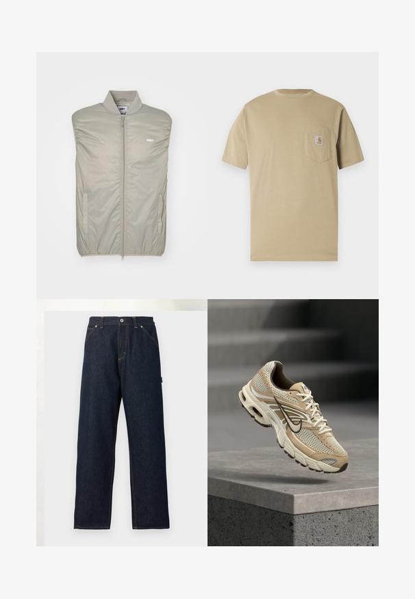 Lys grå ærmeløs jakke lavet af glat, polstret materiale med høj krave, frontlynlås og logo på brystet. Har sidelommer.; Beige t-shirt med korte ærmer lavet af bomuld, med en lomme på venstre bryst med en logo-patch. Klassisk rund halsudskæring med en almindelig pasform.; Mørkeblå denimjeans med lige ben, forlommer, bæltestropper og knaplukning i taljen mod en ensfarvet baggrund.; Beige og hvid Nike løbesko med mesh paneler og sort swoosh, der svæver over en betonkant med slørede trapper i baggrunden.