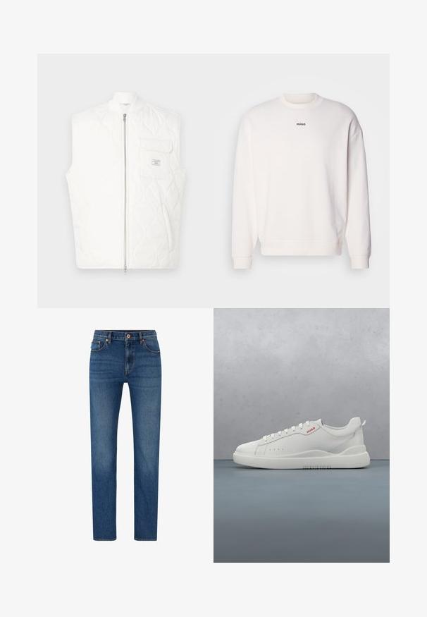 Witte doorgestikte mouwloze bodywarmer met een ritssluiting aan de voorkant en een borstzak met een klein merkembleem.; Witte crewneck sweatshirt gemaakt van een zachte katoenmix, met een comfortabele pasvorm, geribde manchetten en het "HUGO" logo in het zwart op de borst.; Blauwe denim jeans met een rechte pijpontwerp, voorzien van een knoopsluiting, vijf zakken en subtiele vervaging op de stof.; Witte sneaker met een gladde leren afwerking, ronde neus, vier veterogen, subtiele perforaties en een rood logo detail aan de zijkant.