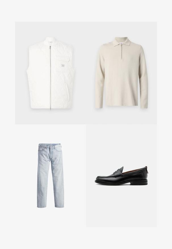 Witte doorgestikte mouwloze bodywarmer met een ritssluiting aan de voorkant en een borstzak met een klein merkembleem.; Crème-kleurige longsleeve poloshirt met een rits bij de kraag, gemaakt van zachte, gestructureerde stof, met een klassieke pasvorm en een minimaal ontwerp.; Lichtblauwe denim jeans met een rechtstaand ontwerp, knopenfly, vijf zakken en een subtiele vervaagde textuur. Voorzien van metalen hardware accenten.; Zwarte leren herensloffen met moc toe stiksel, pennyriem, gestructureerde kraag en lage gestapelde hak op witte achtergrond.